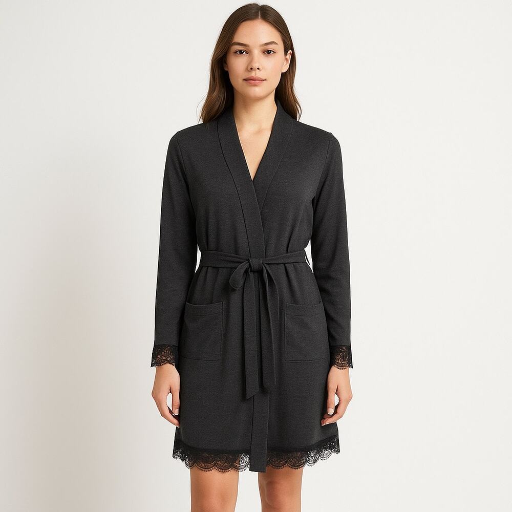 Victoria's Secret Wrap Robe M/L Charcoal Gray Lace Trim Belted